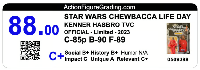 Example Chewbacca label: overall points 88.00, overall letter grade C+, with separate card, bubble, figure and six character subgrades
